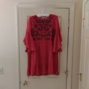 Umgee Red Embroidered Ruffle-Sleeve Long Dress